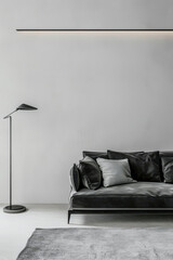 Elegant minimalist composition of a chic living room with a sofa, a lamp and copyspace for text