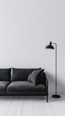 Elegant minimalist composition of a chic living room with a sofa, a lamp and copyspace for text