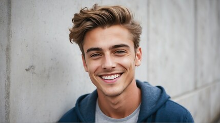 Portrait of young handsome british man smiling happy looking camera with confidence on concrete wall background from Generative AI