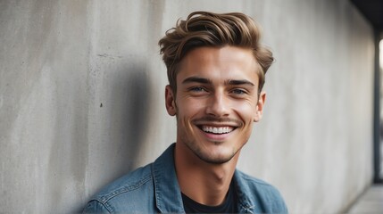 Portrait of young handsome british man smiling happy looking camera with confidence on concrete wall background from Generative AI - obrazy, fototapety, plakaty