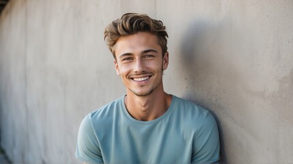 Portrait of young handsome caucasian man smiling happy looking camera with confidence on concrete wall background from Generative AI - 769382695