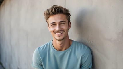 Foto op Plexiglas Portrait of young handsome caucasian man smiling happy looking camera with confidence on concrete wall background from Generative AI © Arceli