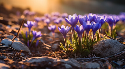 Cluster of crocus flowers embracing the warm light of sunset