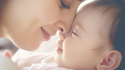close up portrait of newborn and her mother maternity concept,  beautiful family