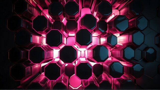 Bright abstract pink hexagon shaped rays lights on plain black background from Generative AI