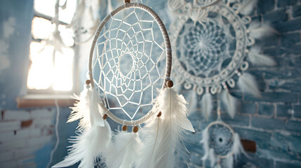 An organism made of wood and twigs, known as a dream catcher, hangs on a transparent glass circle in front of a window, blending art and visual arts , dream catcher hangs

