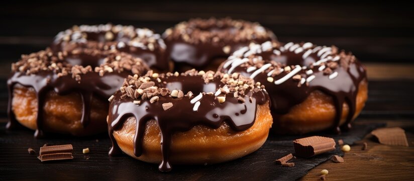 A closeup image of three delicious chocolatecovered donuts on a table, perfect for any dessert lover or baked goods enthusiast
