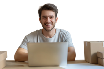 A happy man running a small business at home with a laptop isolated on a transparent background. Trade via online platforms