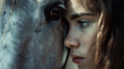 The little innocent girl leaned her bom against the horse's muzzle. An unusual white horse and a child feel a connection