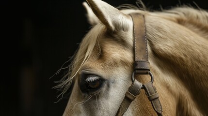 Close-up of part of a beige horse's muzzle with an eye and ears. Stallion in harness