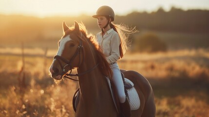 A young beautiful girl with long hair on a horse in a field with tall grass and sunlight. Uniting with nature and animals as a way to maintain mental health - obrazy, fototapety, plakaty