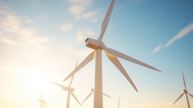 Wind turbine for sustainable energy , environmentally,  friendly with sunshine blue sky and clouds background