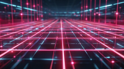 Glowing neon grid: abstract futuristic background with technological geometric patterns - 3d rendering