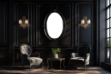 Classic black interior with armchair and mirror mockup