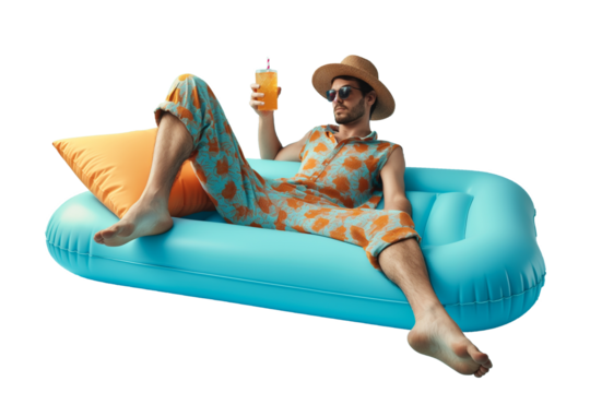 A male traveller lying relaxed on a buoy with a glass of syrup isolated on a transparent background. Summer and vacation concept