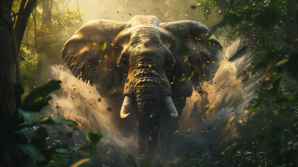 A breathtaking depiction of a majestic elephant charging through a thick jungle wall, trees splintering and leaves swirling, showcasing nature's unstoppable force and breakthrough power