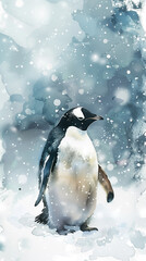 A charming penguin waddling on a snowy landscape, with delicate snowflakes falling around. 