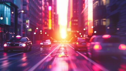 A busy city street with cars and a bright orange sun in the background. The cars are moving quickly and the sun is shining brightly, creating a sense of energy and excitement