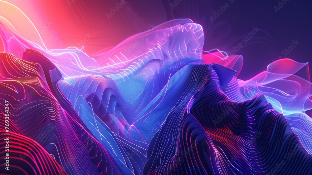 Poster abstract geometric background: fluid lines transforming into futuristic robotic beings - digital art