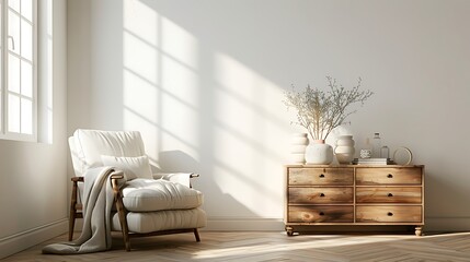 interior of a living room with an armchair a coffee table and a chest of drawers against a light wall
