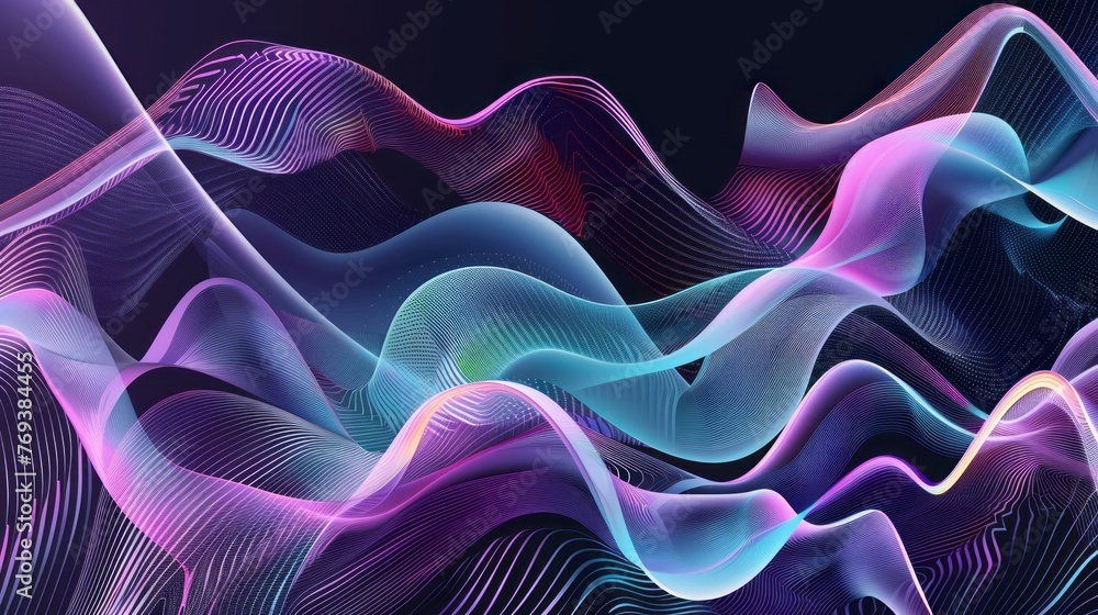Poster abstract geometric background: fluid lines transforming into futuristic robotic beings - digital art