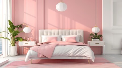 Interior of a modern cozy bedroom with furniture in pastel tones