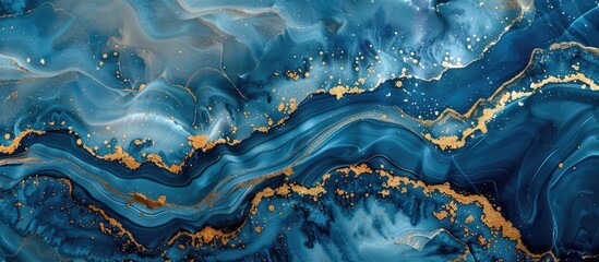 Blue paint stains enhanced with gold powder. Abstract ocean-inspired blue waves and marble-like lines in liquid paints. Gradient and intricate painting technique.