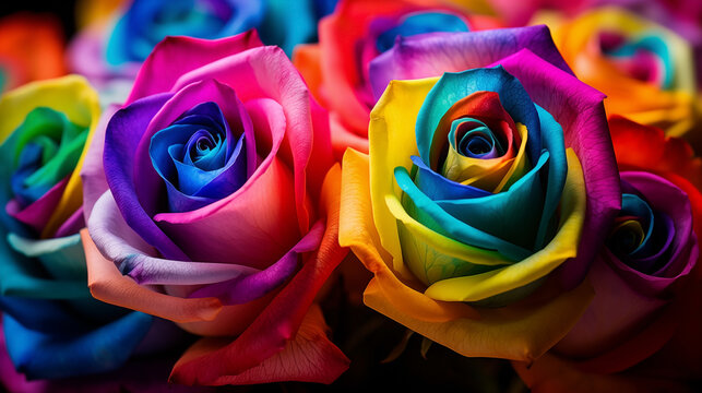 Rainbow-colored roses with water droplets on a vibrant background
