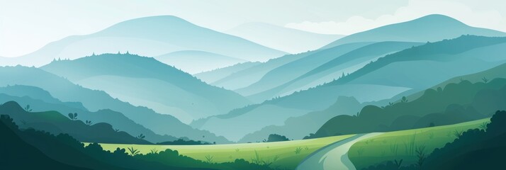 illustrator A mountain range with a sun in the sky. - obrazy, fototapety, plakaty