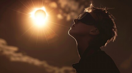A young people wearing goggles is looking up at a large solar eclipse.