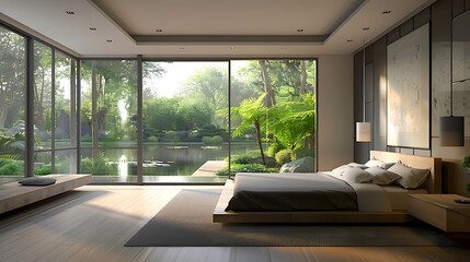 Interior of a modern luxury bedroom with garden view