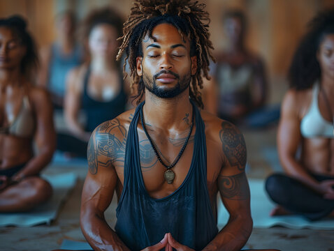 Man meditating in a yoga class with others in the background. Mindfulness and group meditation concept for design and print. Indoor wellness activity photography with selective focus