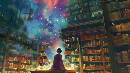 Within a mystical library that holds the universe's secrets, a scholar with hair that shifts colors with their discoveries and parchment-like skin, deciphers ancient texts to unlock forgotten magic