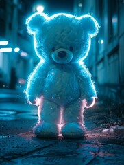 Neon whitelit teddy bear adorable and bright standing as a beacon of comfort in the soft enveloping darkness