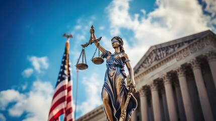 A statue of a lady justice and a American flag behind her. - obrazy, fototapety, plakaty