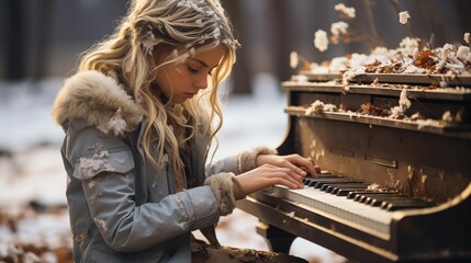 A girl plays the piano in a snow-covered field