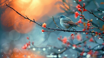 A bird is perched on a branch of a tree with red flowers. The image has a serene and peaceful mood, as the bird is enjoying the beauty of nature