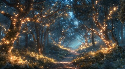 Enchanted forests where rivers of stars flow beneath the canopy - obrazy, fototapety, plakaty