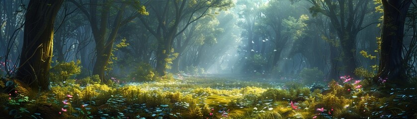 Fototapeta na wymiar Enchanted forests where the ground blooms with flowers of ancient magic.