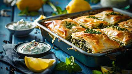A warm and well-lighted scene presenting a spinach pie in a blue baking dish, garnished beautifully, evoking the essence of homemade comfort food - obrazy, fototapety, plakaty