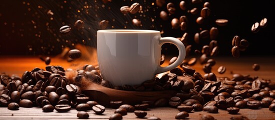 A glass cup of coffee is elegantly placed on a metal tray surrounded by coffee beans, creating a beautiful still life scene on a table