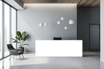White reception desk in a modern room with tropical plants. Reception mockup with copy space for branding, Contemporary style