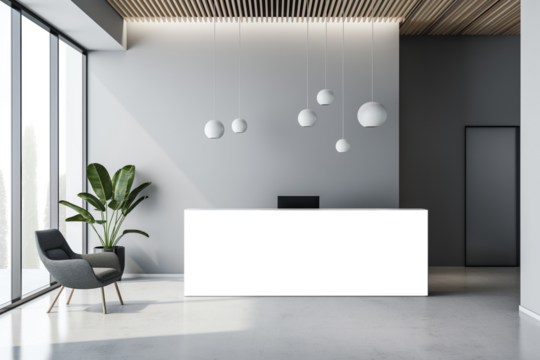 White reception desk in a modern room with tropical plants. Reception mockup with copy space for branding, Contemporary style
