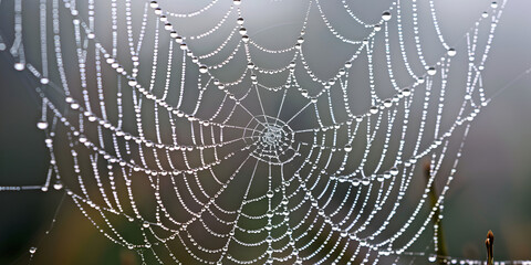 Marvel at the intricate beauty of a spider web adorned with glistening water droplets, nature's delicate artistry 
