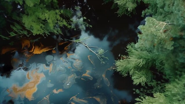 An overhead view of a river contaminated with runoff from a nearby biofuel plant with a layer of oil and debris floating on the surface.