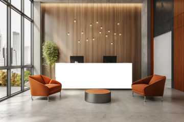 White reception desk in a modern room with tropical plants. Reception mockup with copy space for branding, Contemporary style