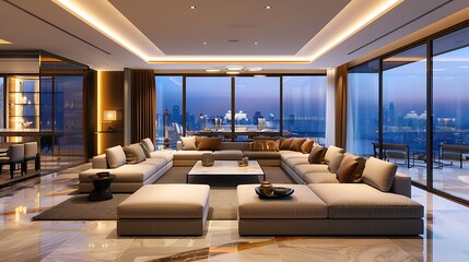 Large and luxurious interiors of a modern living room and digitally generated image of a fully furnished living room