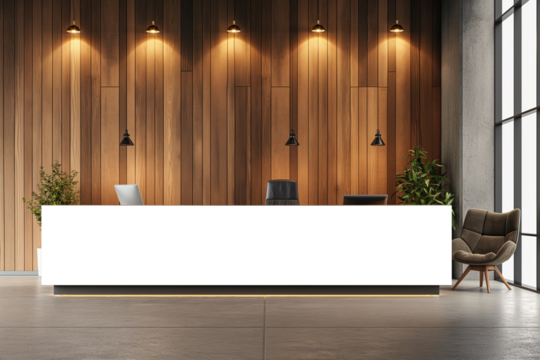 White reception desk in a modern room with tropical plants. Reception mockup with copy space for branding, Contemporary style