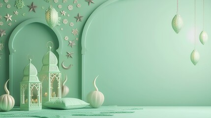 lantern decoration of islamic celebration day  with  soft green pastel color background - obrazy, fototapety, plakaty