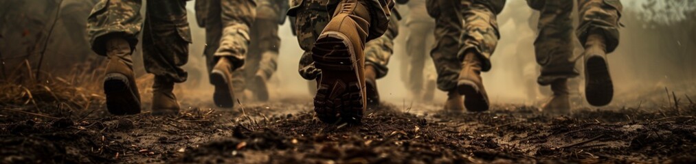 Soldier Troops's boots on the march through a dusty landscape, capturing the grit of a military exercise. - obrazy, fototapety, plakaty